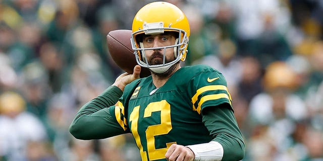 Aaron Rodgers of the Green Bay Packers throws a pass in the fourth quarter against the New York Jets at Lambeau Field Oct. 16, 2022, in Green Bay, Wis.