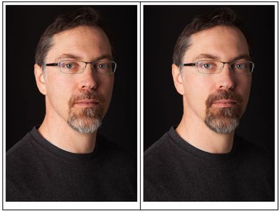 A before and after comparison image depicting a bearded man. The untouched shot can be seen on the left, while the right has had Lightrooms new Polished Portrait and Darken Beard presets applied.