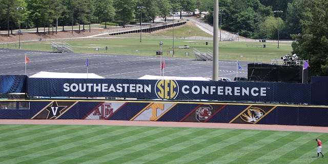 The SEC logo at an opening-round game of the 2015 SEC baseball tournament between Alabama and Ole Miss. 