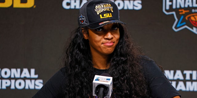 Angel Reese #10 of the LSU Lady Tigers speaks during a press conference after the LSU Lady Tigers beat the Iowa Hawkeyes 102-85 during the 2023 NCAA Women's Basketball Tournament championship game at American Airlines Center on April 02, 2023 in Dallas, Texas.