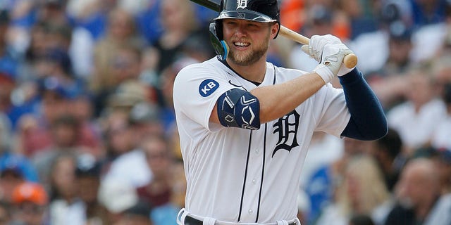 Austin Meadows, #17 of the Detroit Tigers, bats against the Toronto Blue Jays at Comerica Park on June 11, 2022, in Detroit, Michigan. 