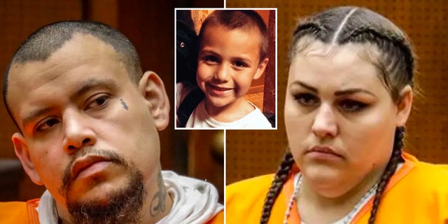 Mother and boyfriend in jail jumpsuits during court appearance, Inset: Anthony Avalos smiles in family photo