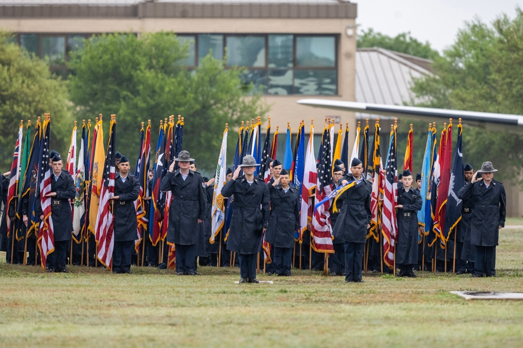 US Air Force Basic Military Training graduates participate in their graduation ceremony at Joint Base San Antonio-Lackland, Texas, on March 16, 2023. 