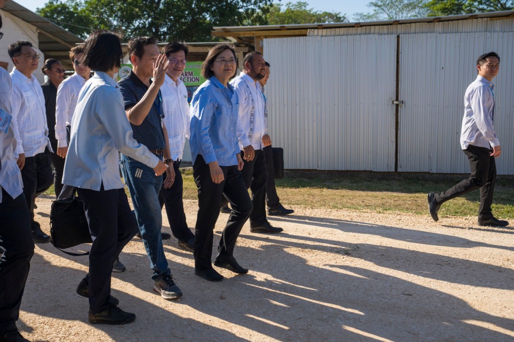 Taiwan's President Tsai Ing-wen visits a sheep and goat project supported by Taiwan Technical Mission in Cayo, Belize on April 3, 2023. 