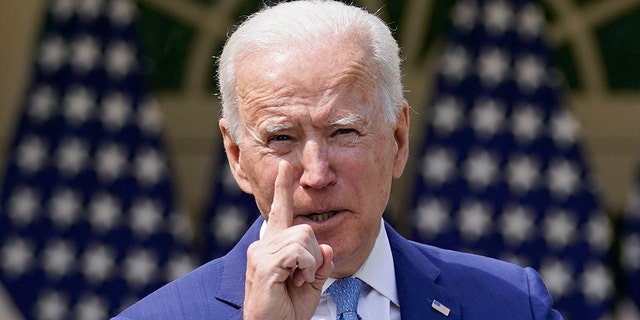 President Joe Biden gestures as he speaks about gun violence prevention in the Rose Garden at the White House, Thursday, April 8, 2021, in Washington.