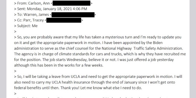 NHTSA acting Administrator Ann Carlson informs UCLA Law colleagues on Jan. 18, 2021, that she was appointed to serve in the Biden administration.