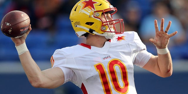 Case Cookus, #10 the Philadelphia Stars, passes during the game against the Memphis Showboats at Simmons Bank Liberty Stadium on April 15, 2023 in Memphis, Tennessee.