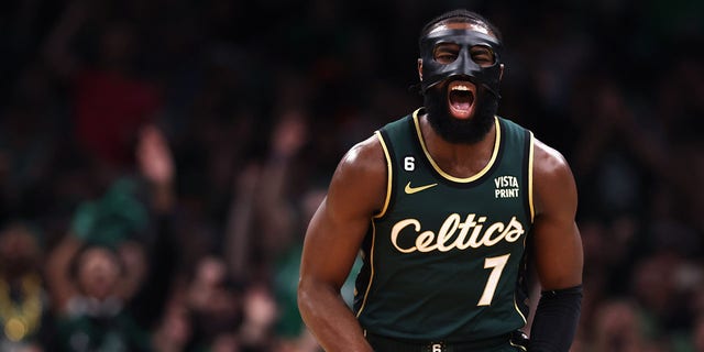 Jaylen Brown of the Boston Celtics celebrates after scoring against the Atlanta Hawks during the second quarter of Game 1 of a first-round playoff series against the Atlanta Hawks at TD Garden April 15, 2023, in Boston.