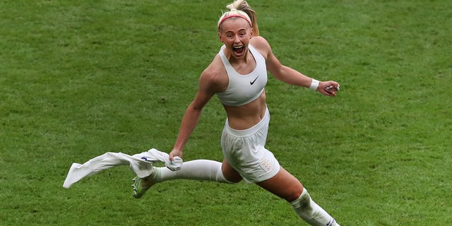 Chloe Kelly of England celebrates after scoring the team's second goal during the UEFA Women's Euro 2022 final match between England and Germany at Wembley Stadium July 31, 2022, in London.