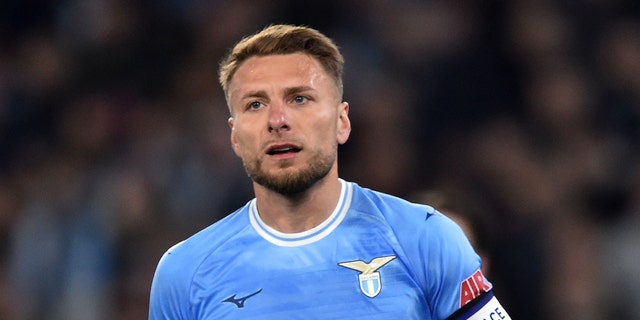 Ciro Immobile looks on during the Serie A match between SS Lazio and Juventus at Stadio Olimpico on April 8, 2023 in Rome, Italy.
