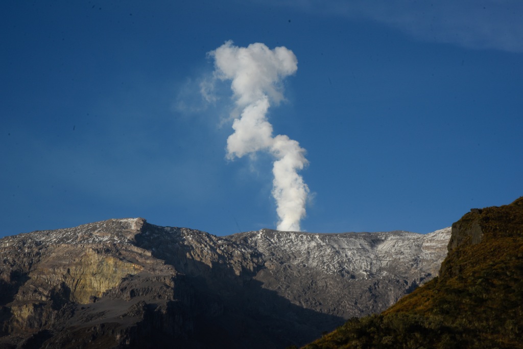 The Nevado del Ruiz volcano shows smoke near Murillo, Colombia on April 7, 2023. 