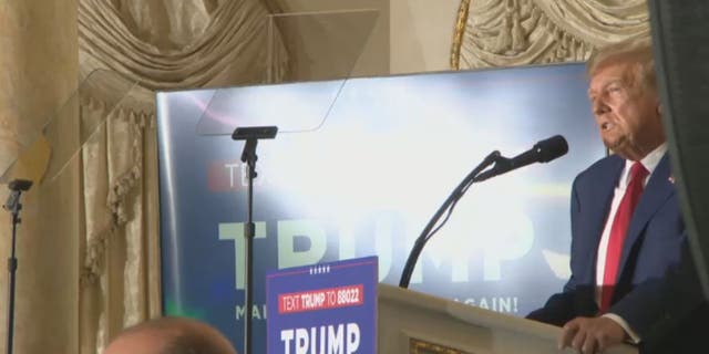 Donald Trump speaks to crowds at Mar-a-Lago after being indicted in New York City. 