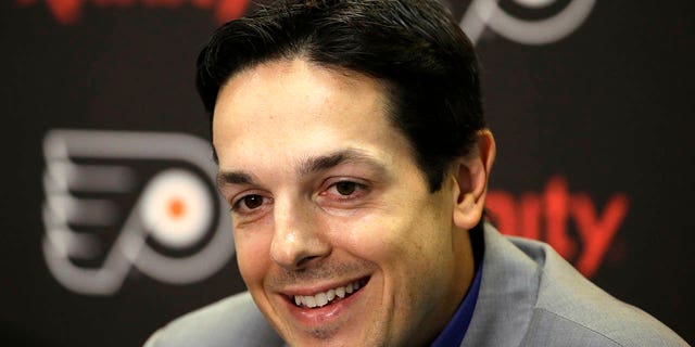 FILE - Danny Briere speaks during a news conference Tuesday, Aug. 18, 2015, in Voorhees, N.J.