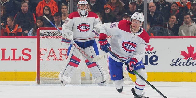 Denis Gurianov of the Montreal Canadiens controls the puck against the Philadelphia Flyers at the Wells Fargo Center March 28, 2023, in Philadelphia.