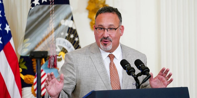 Education Secretary Miguel Cardona speaks during the 2022 National and State Teachers of the Year event in the East Room of the White House in Washington, April 27, 2022. 