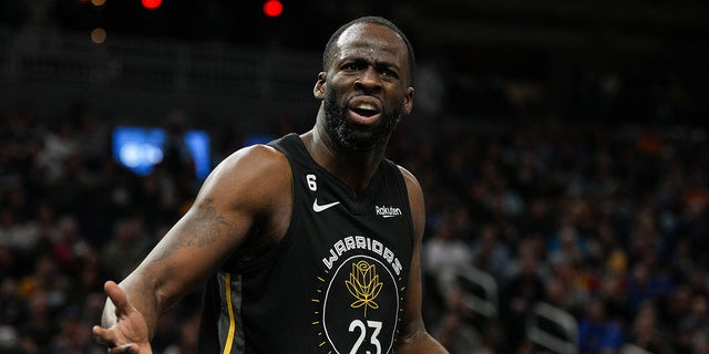 Draymond Green of the Golden State Warriors reacts to a call during the third quarter against the New Orleans Pelicans at Chase Center March 28, 2023, in San Francisco.