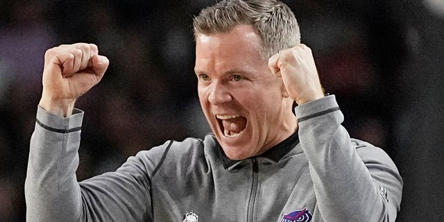 Florida Atlantic head coach Dusty May reacts during the first half of a Final Four college basketball game against San Diego State in the NCAA Tournament on Saturday, April 1, 2023, in Houston. 