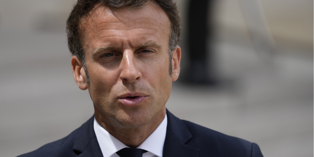 French President Emmanuel Macron speaks before meeting with Portugal's Prime Minister Antonio Costa at the Elysee Palace, in Paris, on June 7.