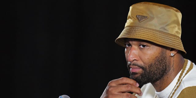 DeMarcus Cousins of the Denver Nuggets speaks to the press after the playoff game against the Golden State Warriors on April 27, 2022, at Chase Center in San Francisco.