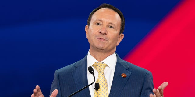 Republican Louisiana Attorney General Jeff Landry speaks during the Conservative Political Action Conference Texas 2022 conference at Hilton Anatole.