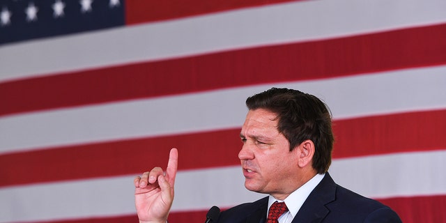 Florida Gov. Ron DeSantis speaks to supporters at a campaign stop on the Keep Florida Free Tour at the Horsepower Ranch in Geneva.