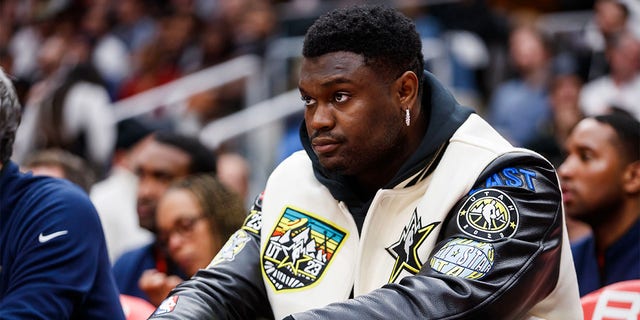 Zion Williamson, #1 of the New Orleans Pelicans, sits on the bench during the second half of an NBA game against the Toronto Raptors at Scotiabank Arena on February 23, 2023, in Toronto, Canada.