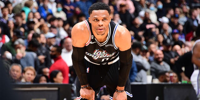 Russell Westbrook #0 of the LA Clippers looks on during the game against the Sacramento Kings on February 24, 2023 at Crypto.Com Arena in Los Angeles, California.