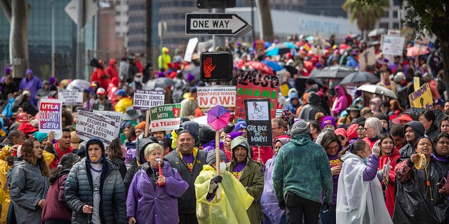 Teachers and SEIU workers and supporters demonstrate outside LAUSD headquarters on Wednesday, March 22, 2023, in Los Angeles. 