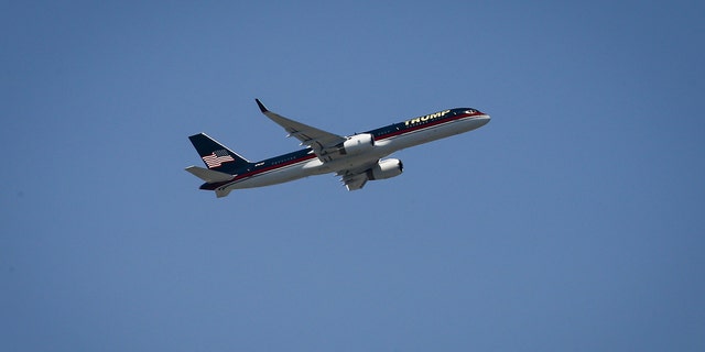 Former US President Donald Trump's private airplane left Palm Beach International Airport in Palm Beach, Florida, US, on Monday, April 3, 2023. 