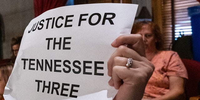 Protesters listen during a house session from the gallery at the Tennessee State Capitol during a protest to demand action for gun reform laws in the state on April 3, 2023 in Nashville, Tennessee.