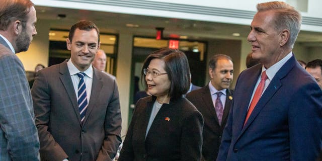 House Speaker Kevin McCarthy, right, introduces the U.S. delegation to Taiwanese President Tsai Ing-wen, center, at Ronald Reagan Presidential Library on Wednesday, April 5, 2023 in Simi Valley, California.