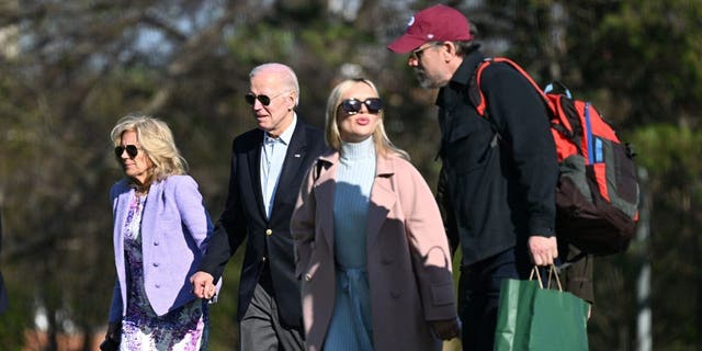 U.S. President Joe Biden, First Lady Jill Biden, Hunter Biden, and his wife Melissa Cohen walk to the motorcade after arriving on Marine One at Fort McNair in Washington, D.C., on April 9, 2023.