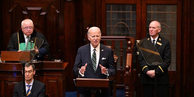 President Joe Biden addresses the Irish Parliament at Leinster House in Dublin, Ireland, on April 13, 2023.