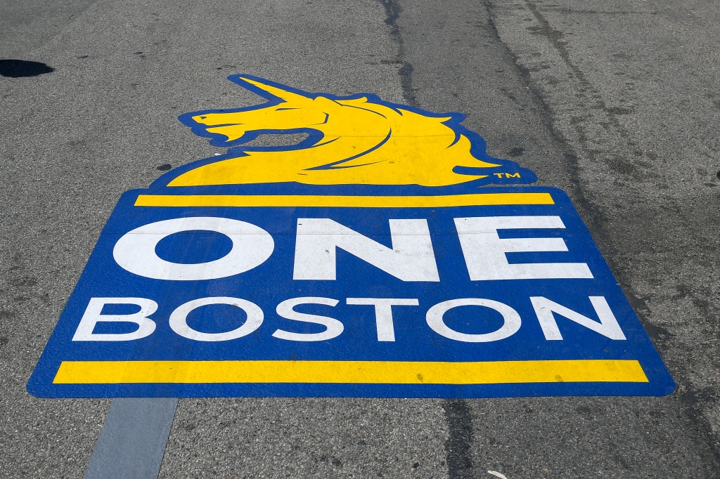 A "One Boston" logo lies near the Boston Marathon finish line on April 14, 2023. This year's race is scheduled for April 17.