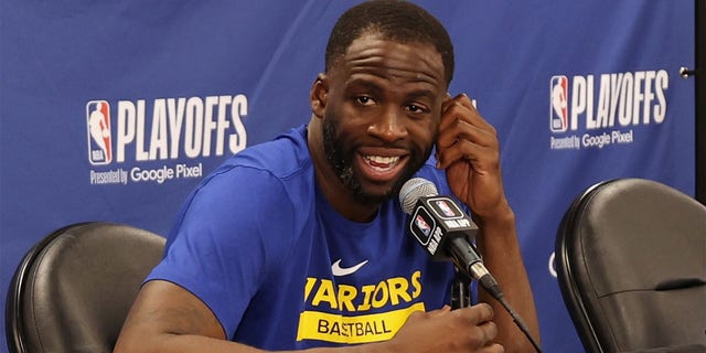 Draymond Green #23 of the Golden State Warriors talks to the media after the game against the Sacramento Kings during Round One Game One of the 2023 NBA Playoffs on April 15, 2023 at Golden 1 Center in Sacramento, California. 