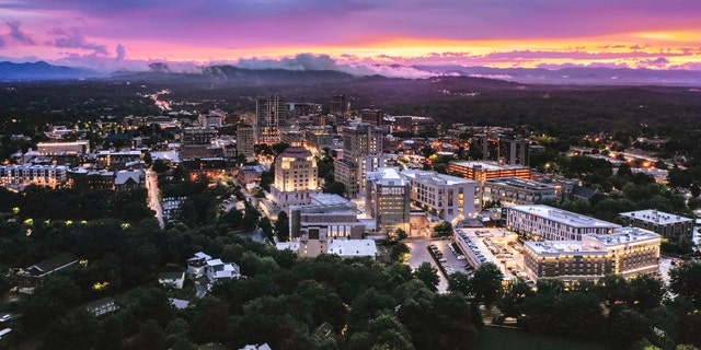 Asheville, North Carolina skyline at sunset