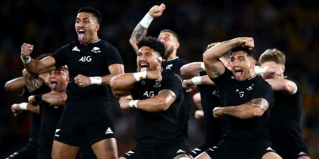 Ardie Savea and the All Blacks perform the haka ahead of The Rugby Championship match between the Argentina Pumas and the New Zealand All Blacks at Suncorp Stadium on Sept. 18, 2021 in Brisbane, Australia. 