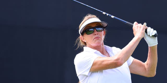 Caitlyn Jenner plays her shot from the first tee during the pro-am prior to the LIV Golf Invitational - Bedminster at Trump National Golf Club Bedminster in Bedminster, N.J., on July 28, 2022.