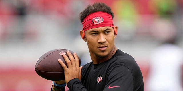 Trey Lance, #5 of the San Francisco 49ers, warms up before the game against the Seattle Seahawks at Levi's Stadium on Sept. 18, 2022 in Santa Clara, California.