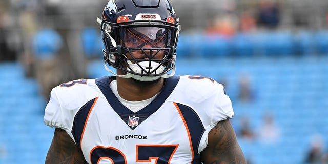 Dre'Mont Jones #93 of the Denver Broncos is seen during their game against the Carolina Panthers at Bank of America Stadium on November 27, 2022 in Charlotte, North Carolina. 