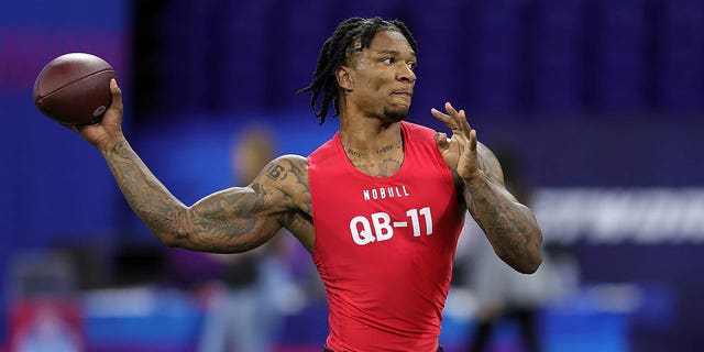 Anthony Richardson participates in a drill during the NFL Combine at Lucas Oil Stadium on March 4, 2023, in Indianapolis, Indiana. 