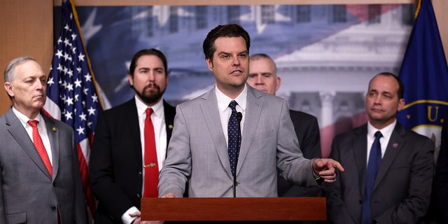 Matt Gaetz behind a podium