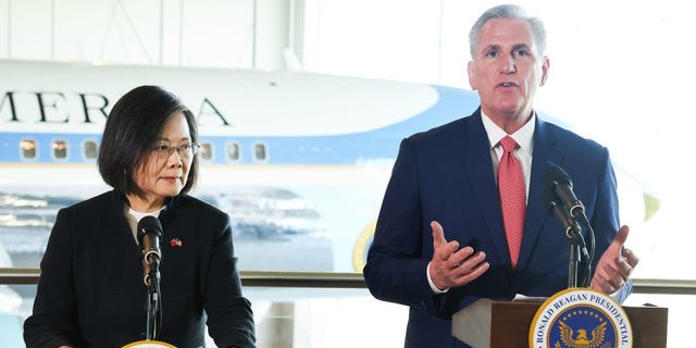 Taiwanese President Tsai Ing-wen looks on as Speaker of the House Kevin McCarthy, R-Calif., speaks in the Air Force One Pavilion at the Ronald Reagan Presidential Library after making statements to the press April 5, 2023, in Simi Valley, Calif.