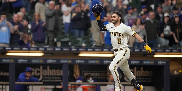 Brewers' Garrett Mitchell celebrates after hitting a walk-off solo home run against the New York Mets on April 5, 2023, in Milwaukee, Wisconsin.