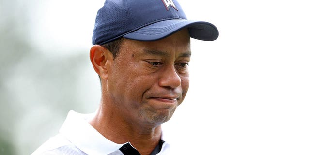 Tiger Woods reacts on the first hole during the first round of the 2023 Masters Tournament at Augusta National Golf Club on April 6, 2023 in Augusta, Georgia.