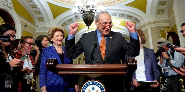 Senate Majority Leader Chuck Schumer arrives to a news conference at the U.S. Capitol on April 18, 2023.