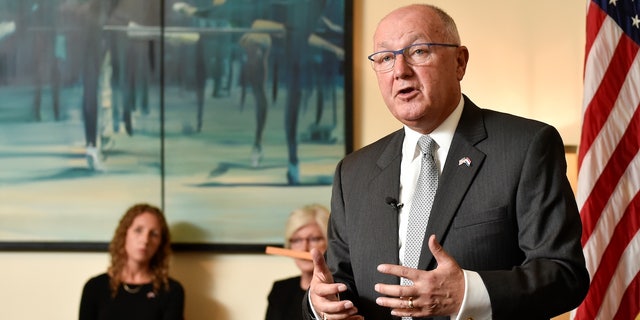 Former U.S. Ambassador to The Netherlands Peter Hoekstra speaks during a press conference at the U.S. embassy in The Hague on Jan. 10, 2018.