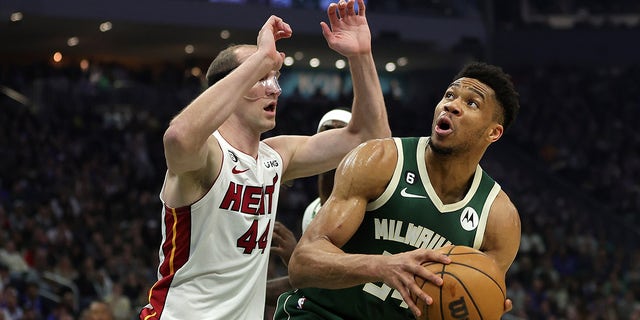 Giannis Antetokounmpo looks to shoot