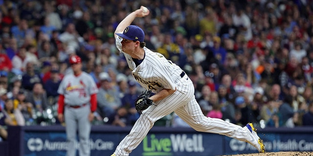 Gus Varland of the Brewers throws a pitch against the St. Louis Cardinals at American Family Field on April 8, 2023, in Milwaukee.