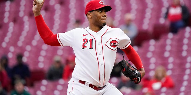 Reds starting pitcher Hunter Greene delivers against the Tampa Bay Rays, Monday, April 17, 2023, in Cincinnati.